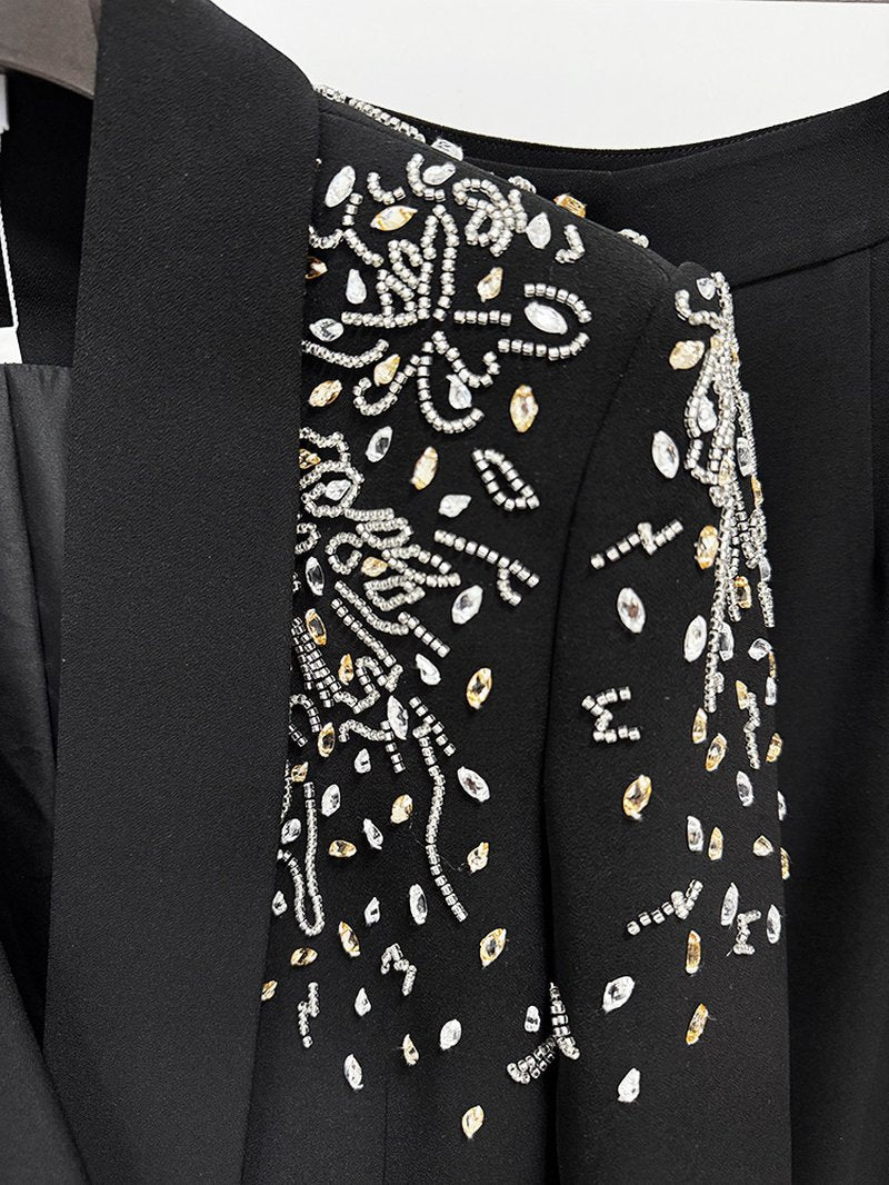 Black Velvet Embellished Tuxedo Coat Set H6738