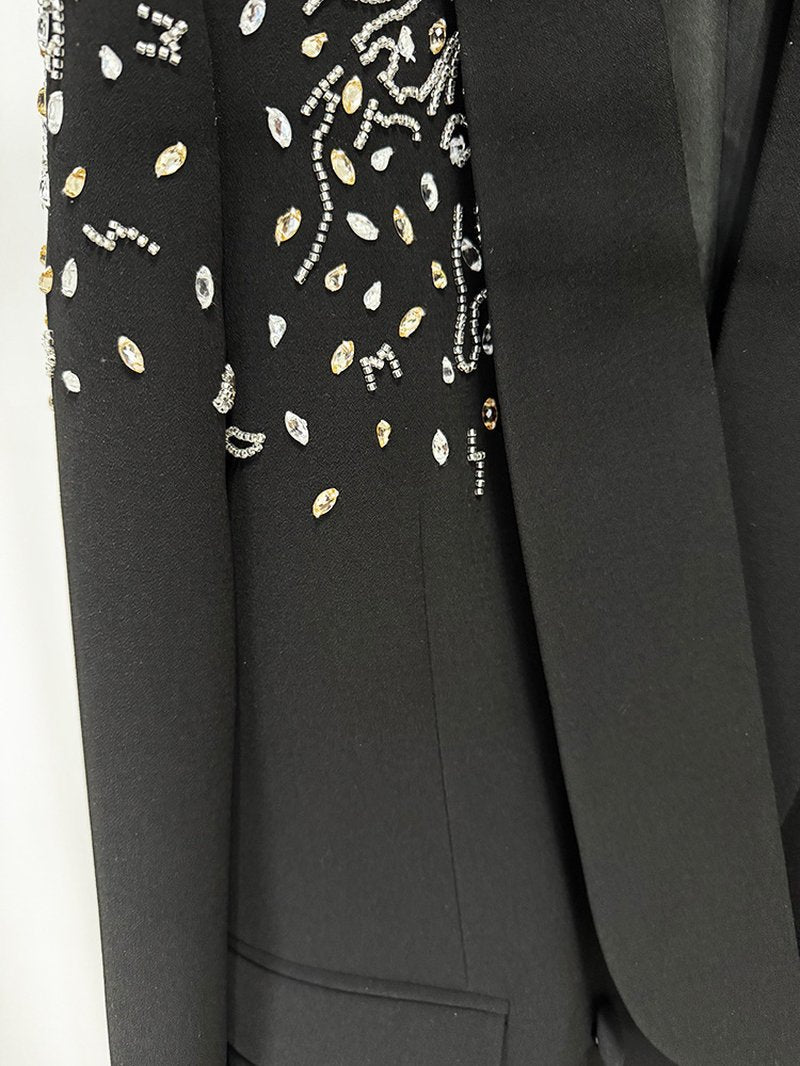 Black Velvet Embellished Tuxedo Coat Set H6738