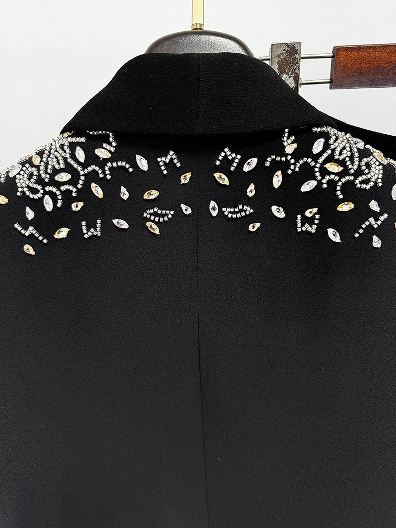Black Velvet Embellished Tuxedo Coat Set H6738