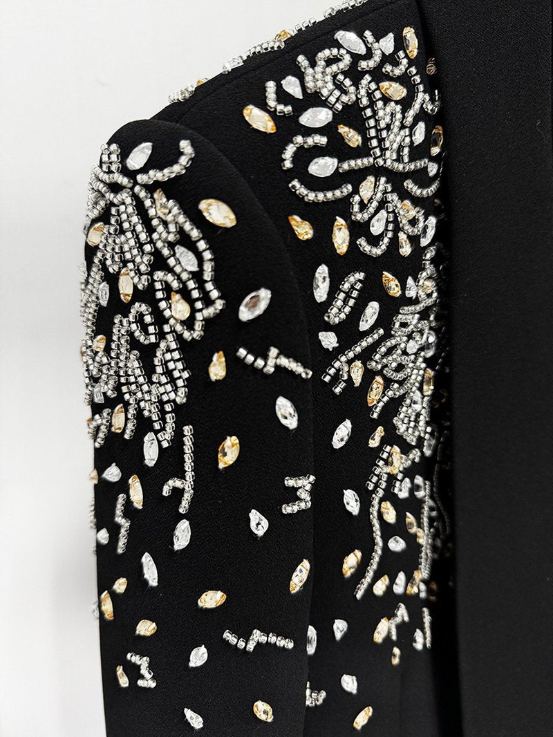Black Velvet Embellished Tuxedo Coat Set H6738