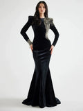 Black Velvet Mermaid Gown with Beaded Embellishments H6588