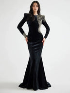 Black Velvet Mermaid Gown with Beaded Embellishments H6588
