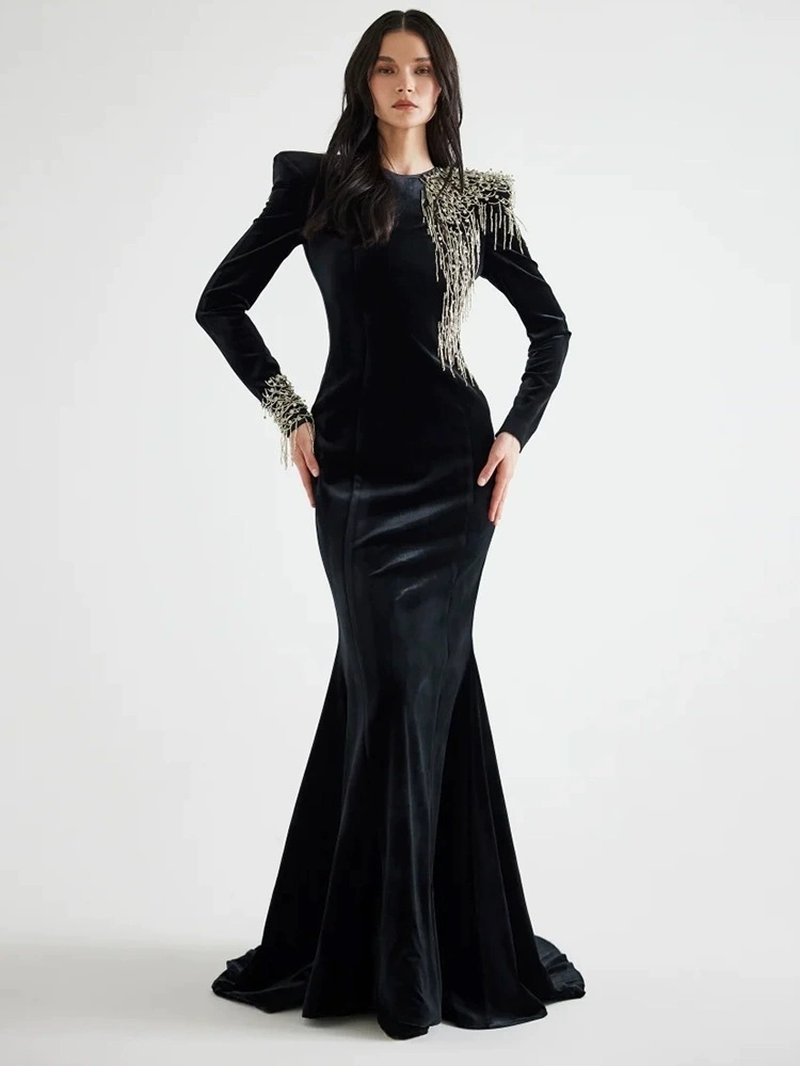 Black Velvet Mermaid Gown with Beaded Embellishments H6588