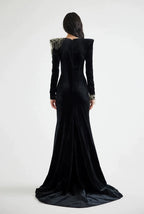 Black Velvet Mermaid Gown with Beaded Embellishments H6588
