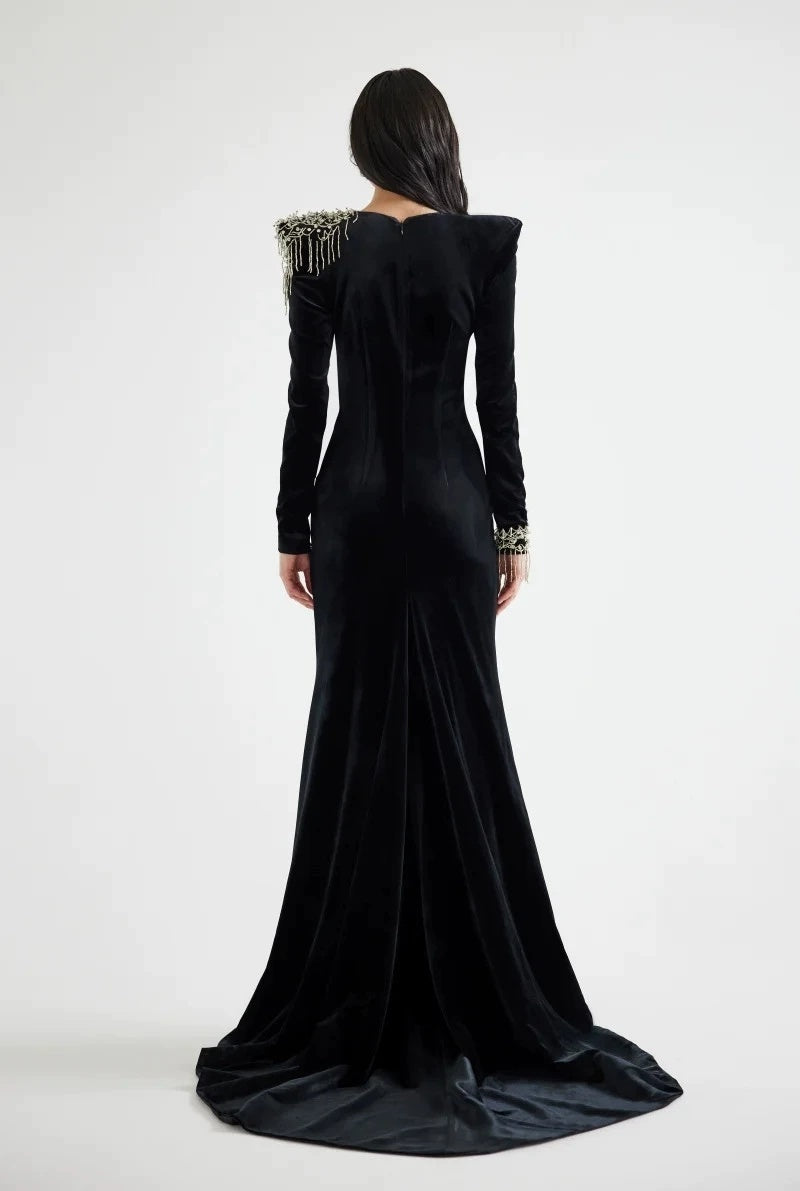 Black Velvet Mermaid Gown with Beaded Embellishments H6588