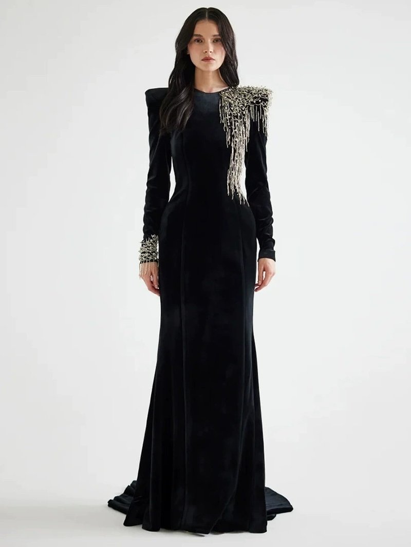 Black Velvet Mermaid Gown with Beaded Embellishments H6588