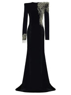 Black Velvet Mermaid Gown with Beaded Embellishments H6588