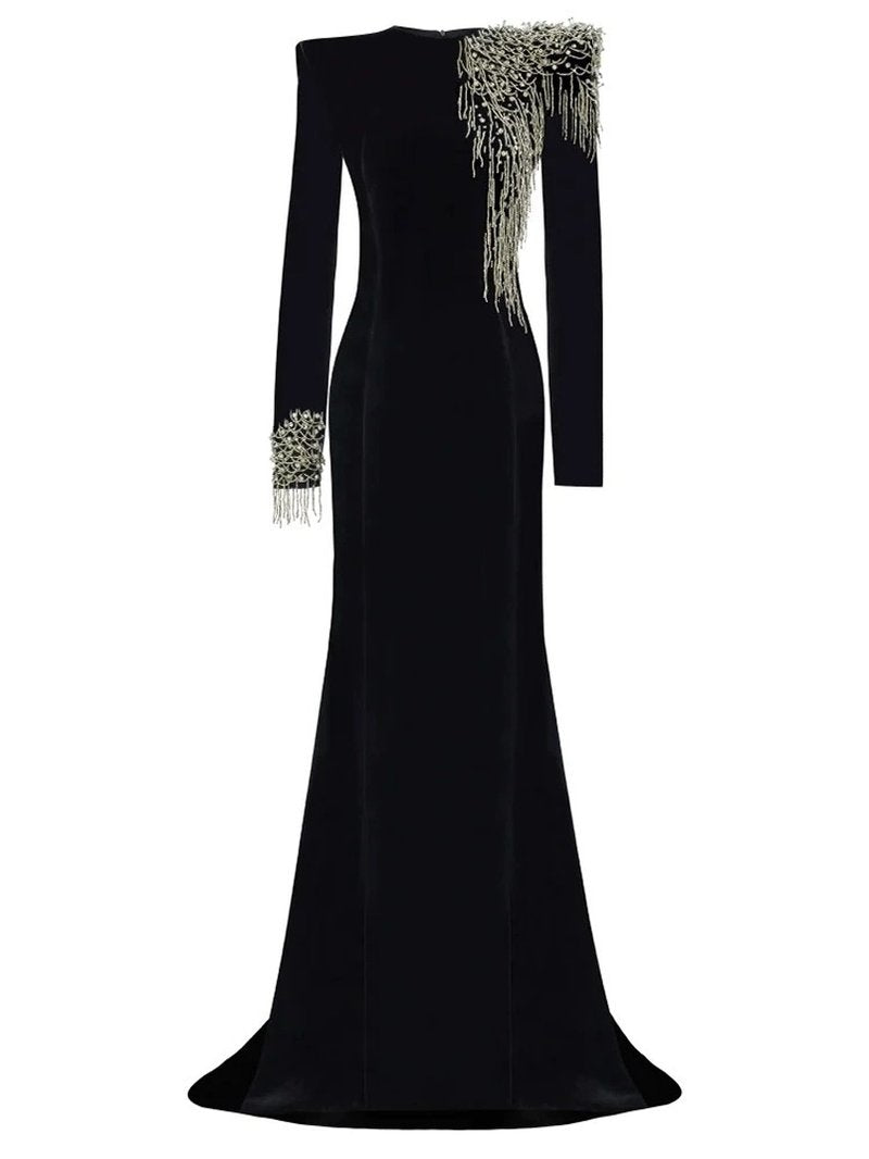Black Velvet Mermaid Gown with Beaded Embellishments H6588