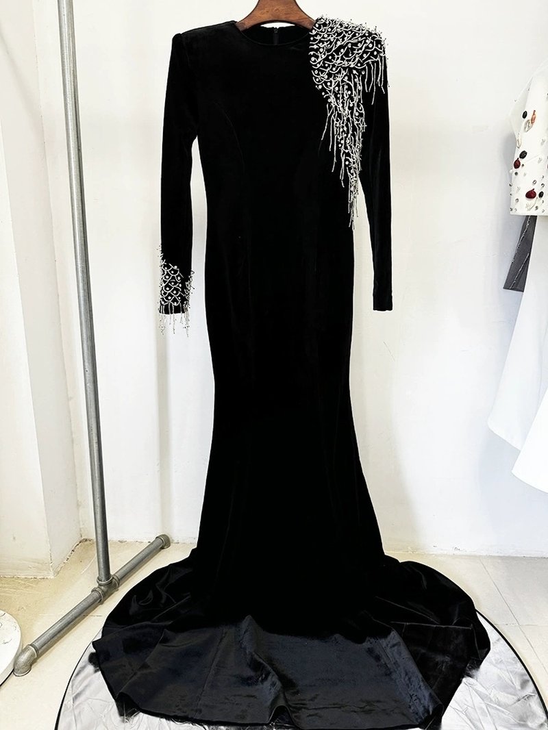 Black Velvet Mermaid Gown with Beaded Embellishments H6588