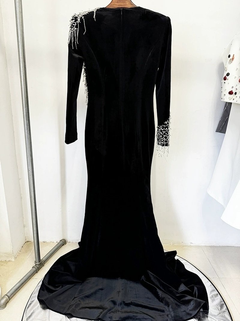 Black Velvet Mermaid Gown with Beaded Embellishments H6588