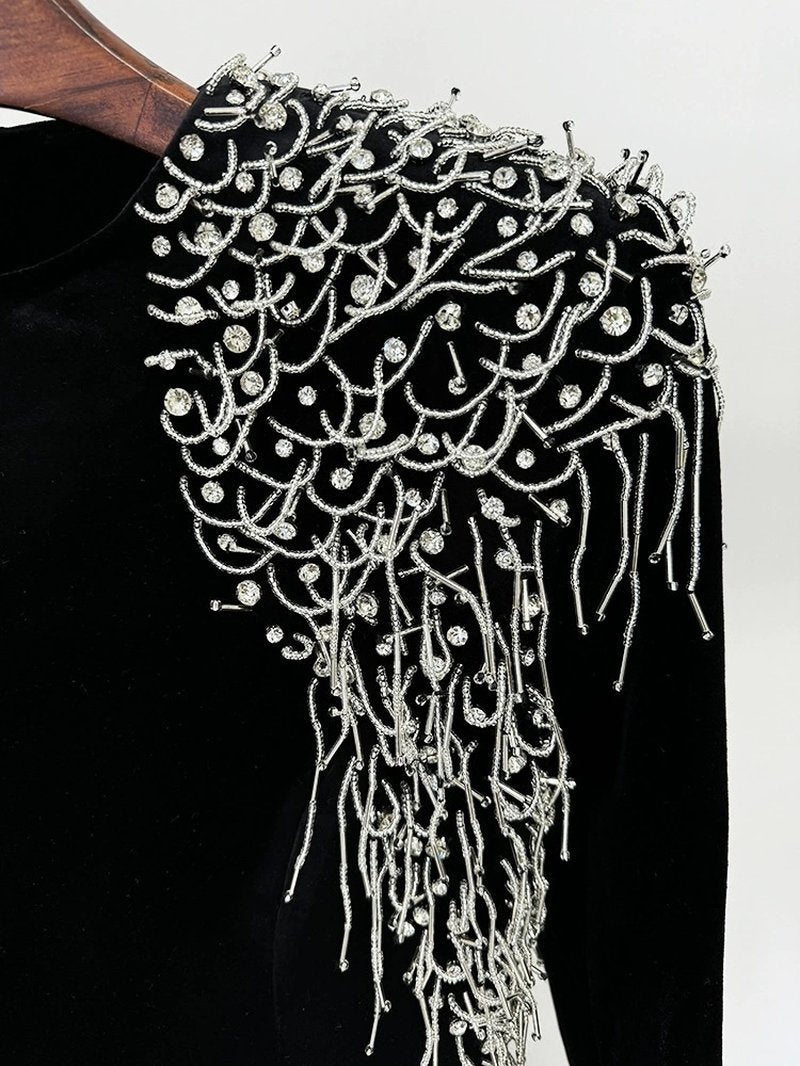 Black Velvet Mermaid Gown with Beaded Embellishments H6588