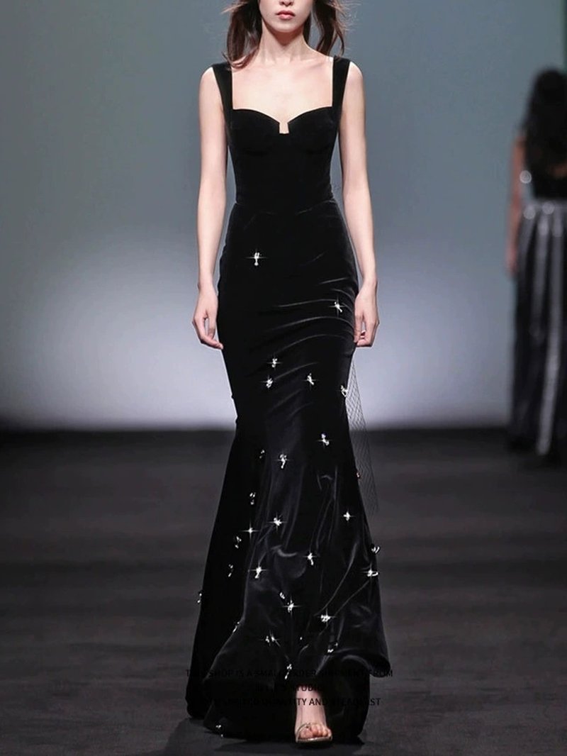 Black Velvet Mermaid Gown with Crystal Accents H6590