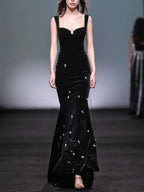 Black Velvet Mermaid Gown with Crystal Accents H6590