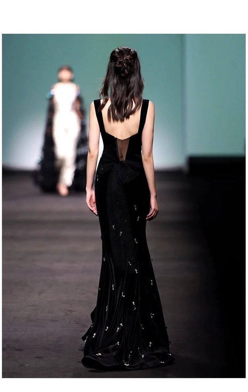 Black Velvet Mermaid Gown with Crystal Accents H6590