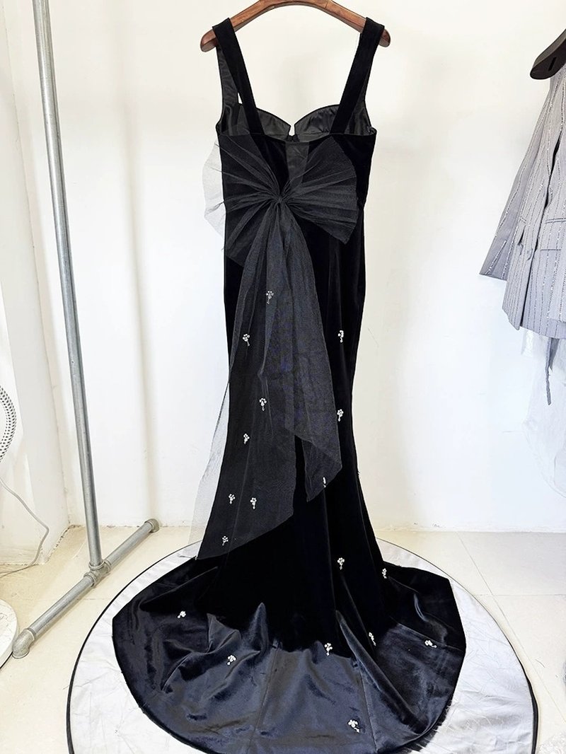 Black Velvet Mermaid Gown with Crystal Accents H6590