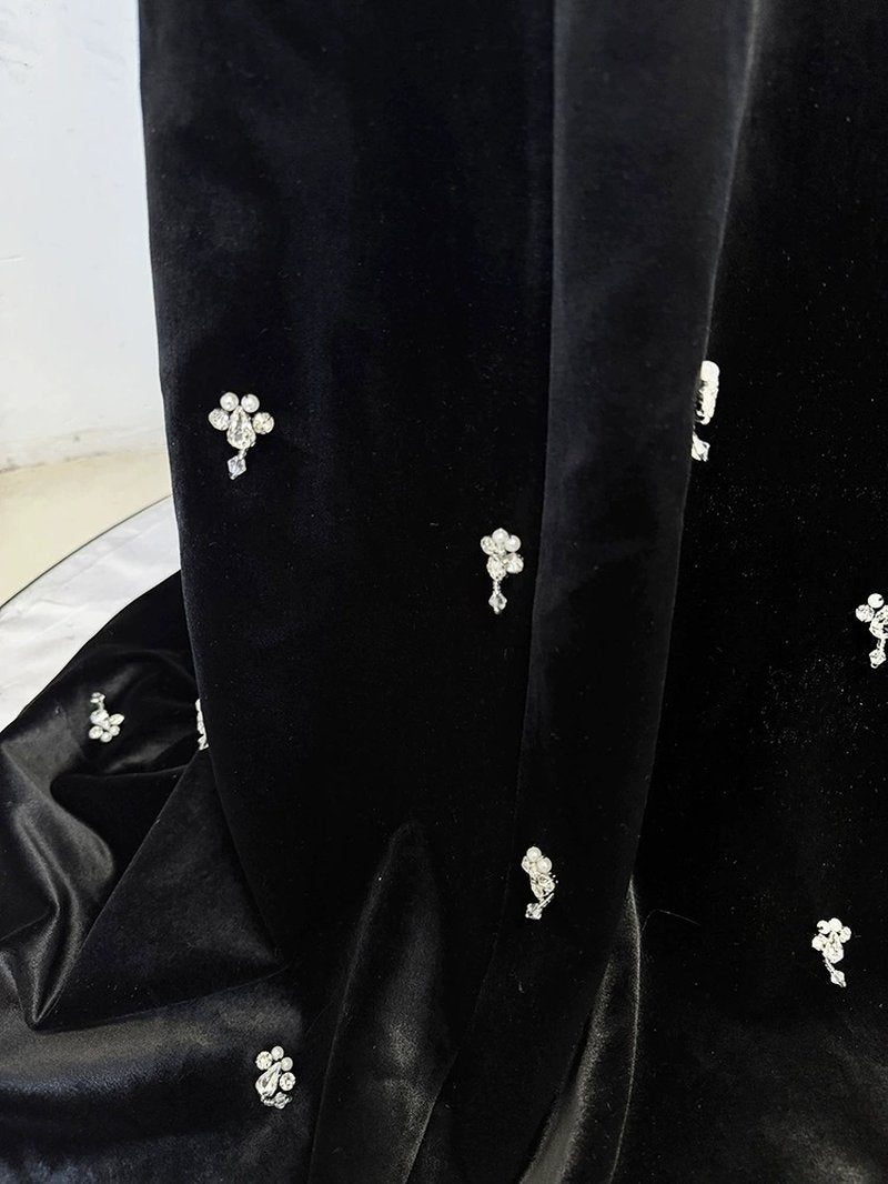 Black Velvet Mermaid Gown with Crystal Accents H6590