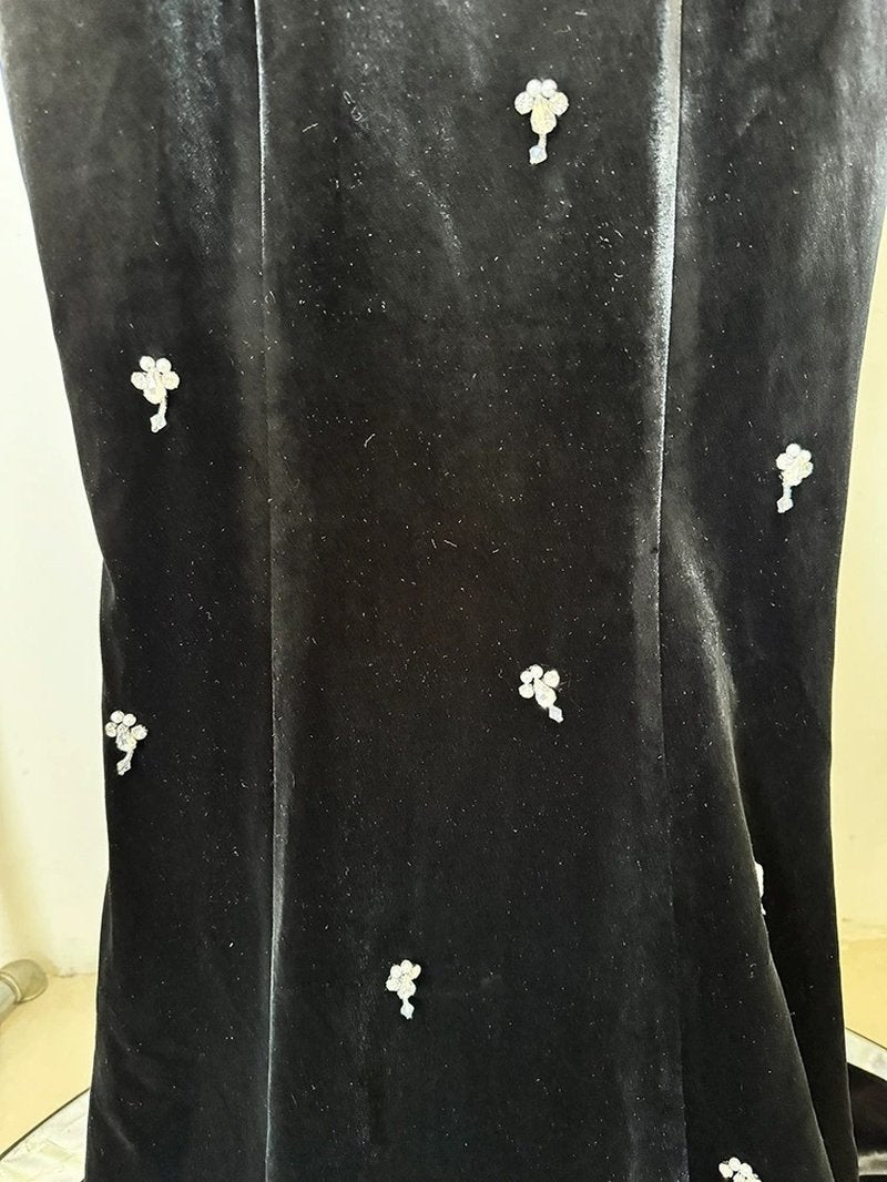 Black Velvet Mermaid Gown with Crystal Accents H6590