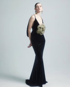 Black Velvet Mermaid Gown with Flower Applique H6467