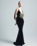 Black Velvet Mermaid Gown with Flower Applique H6467