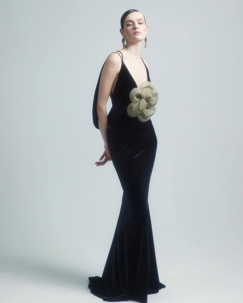 Black Velvet Mermaid Gown with Flower Applique H6467