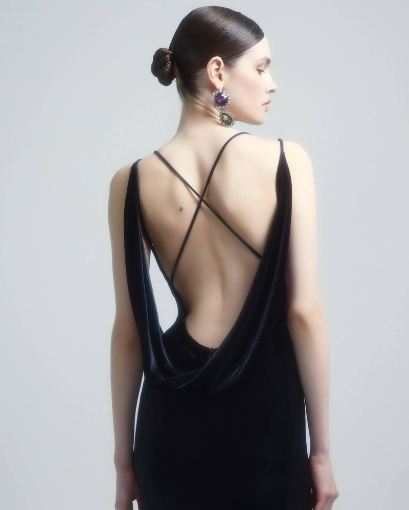 Black Velvet Mermaid Gown with Flower Applique H6467
