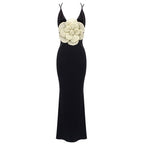 Black Velvet Mermaid Gown with Flower Applique H6467