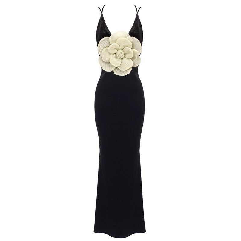 Black Velvet Mermaid Gown with Flower Applique H6467