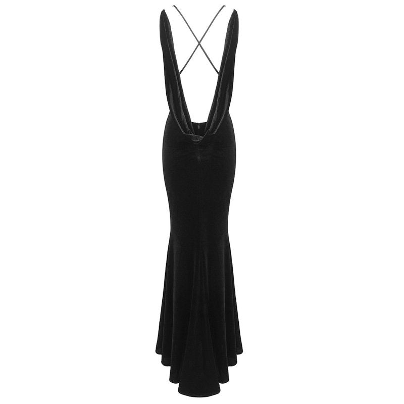 Black Velvet Mermaid Gown with Flower Applique H6467