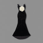 Black Velvet Mermaid Gown with Flower Applique H6467
