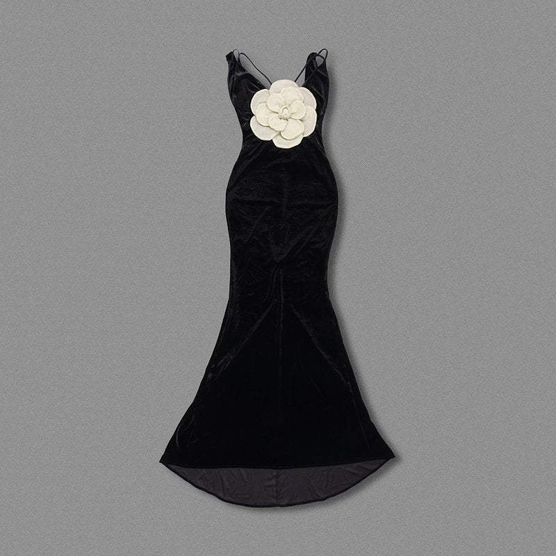 Black Velvet Mermaid Gown with Flower Applique H6467