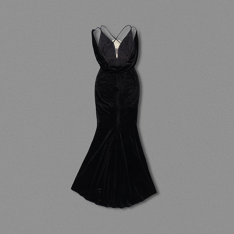 Black Velvet Mermaid Gown with Flower Applique H6467