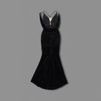 Black Velvet Mermaid Gown with Flower Applique H6467