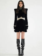 Black Velvet Ruffle Mini Dress H6589
