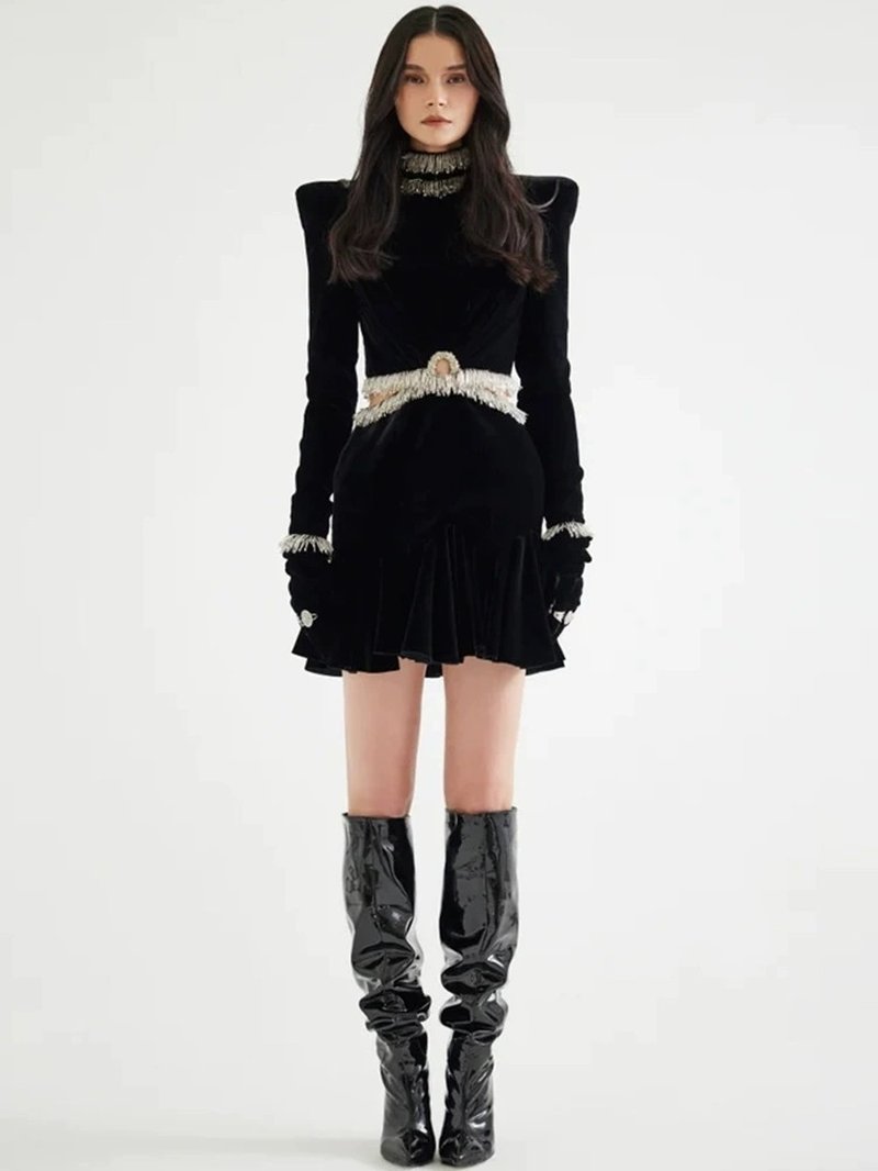 Black Velvet Ruffle Mini Dress H6589