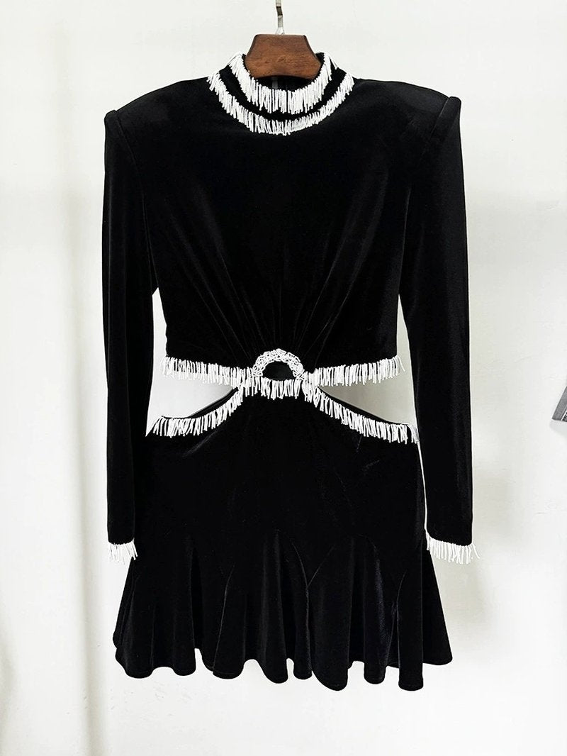 Black Velvet Ruffle Mini Dress H6589