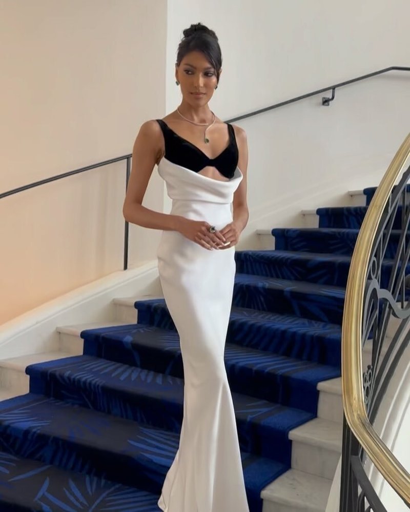 Black Velvet White Satin Mermaid Gown H6517