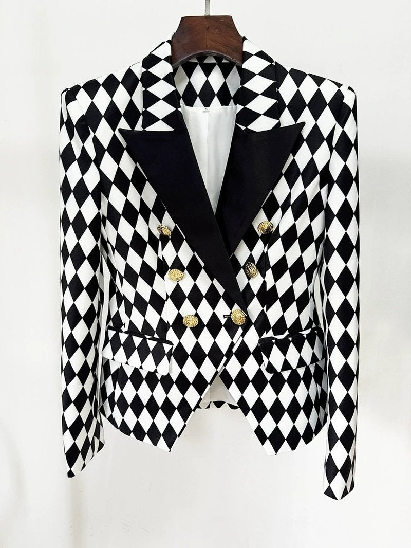 Black White Checkered Double Breasted Blazer H6366