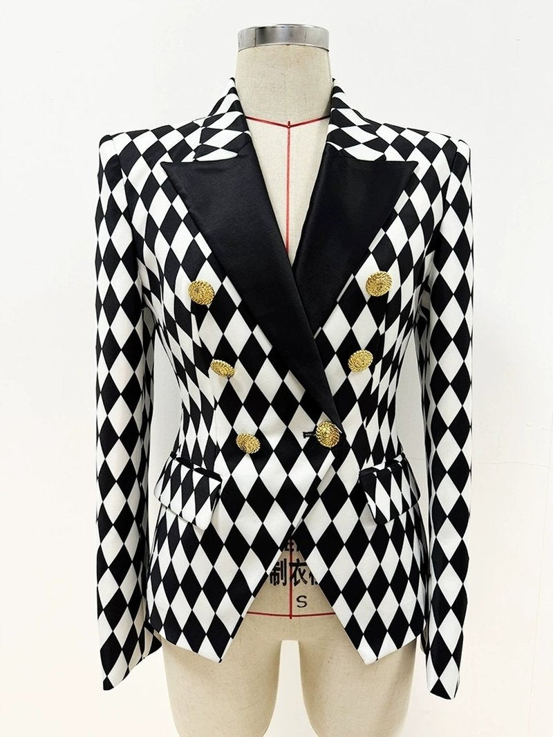 Black White Checkered Double Breasted Blazer H6366