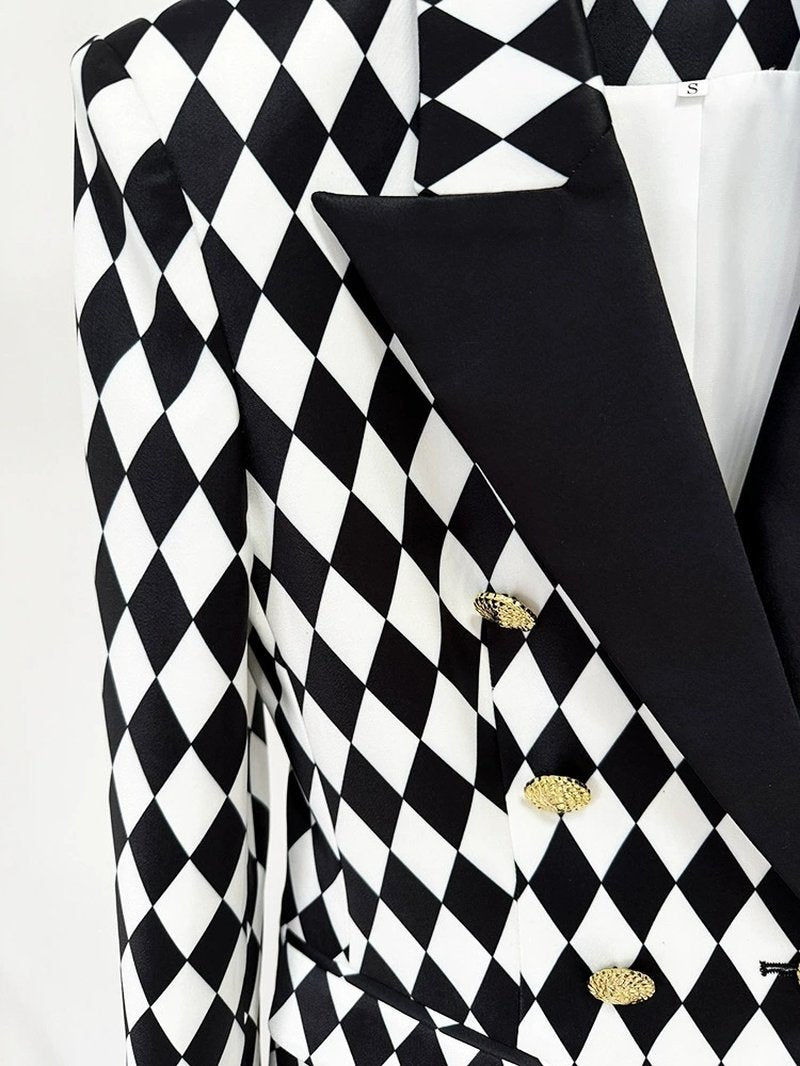 Black White Checkered Double Breasted Blazer H6366