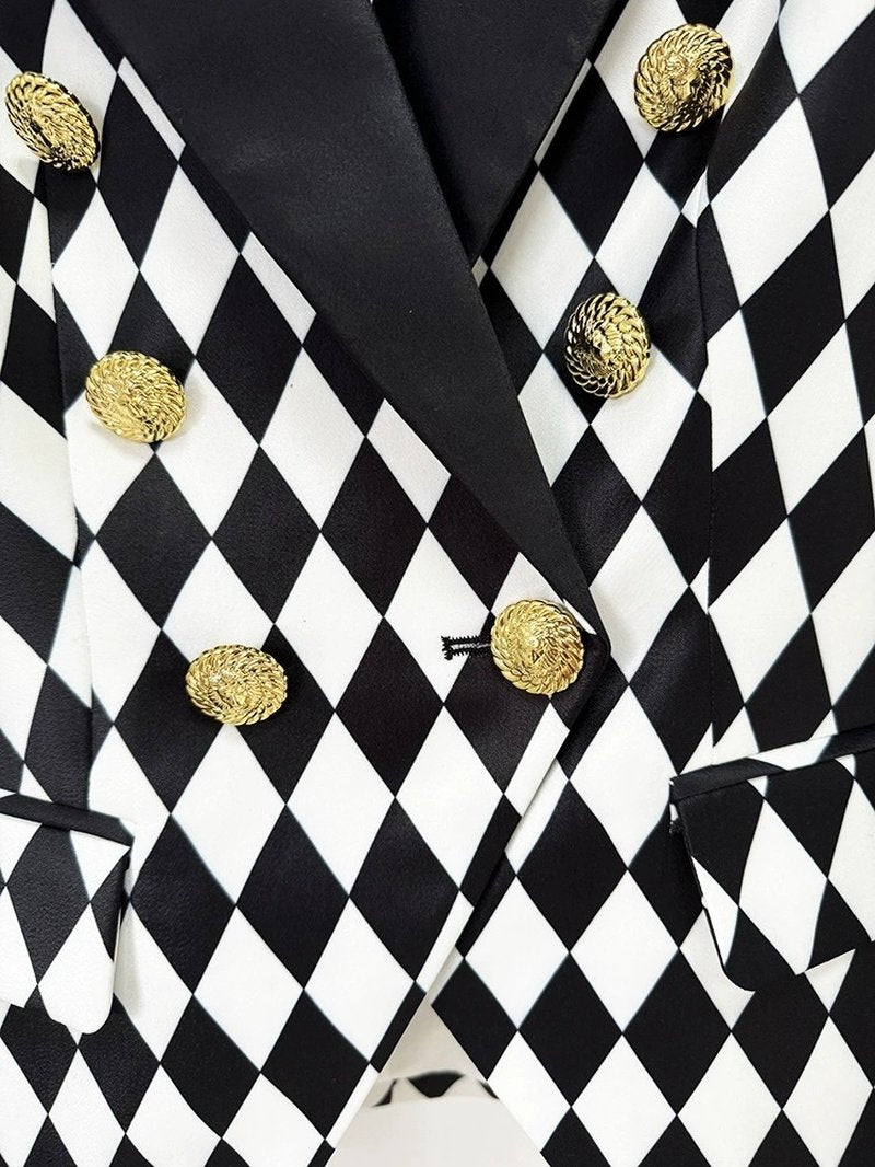 Black White Checkered Double Breasted Blazer H6366