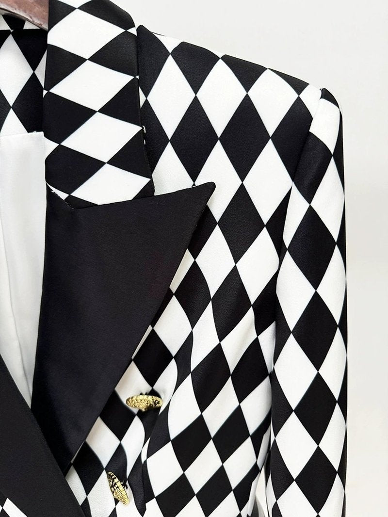 Black White Checkered Double Breasted Blazer H6366