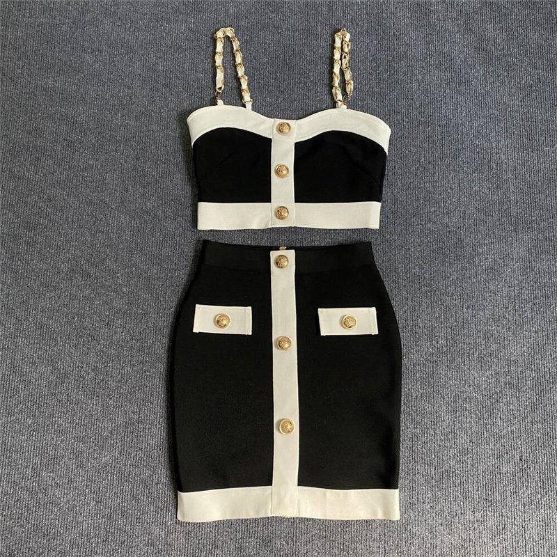 Black White Contrast Crop Top Set H5916