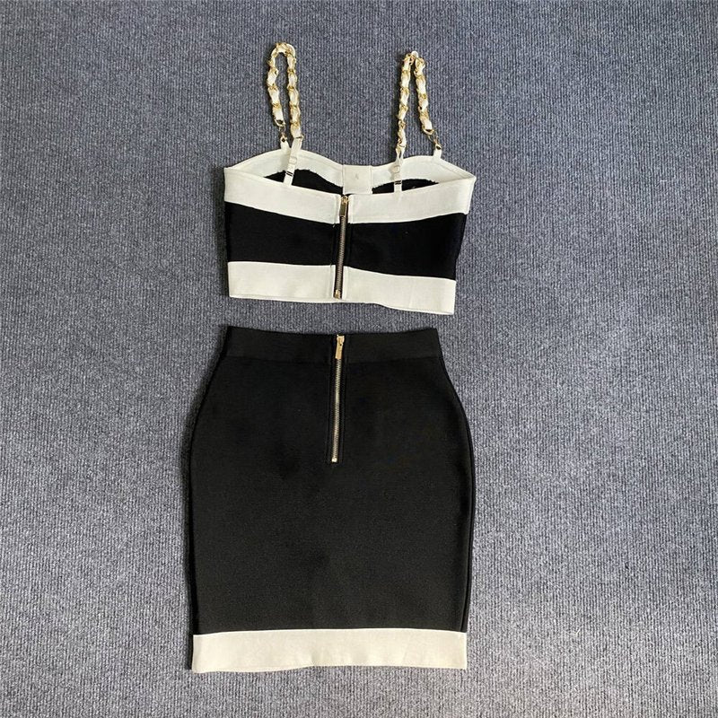 Black White Contrast Crop Top Set H5916