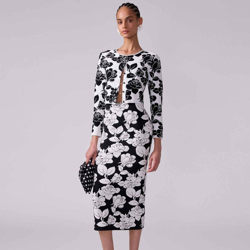 Black White Floral Print Suit Set H6694
