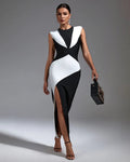 Black White Geometric Slit Midi Dress H6023