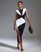 Black White Geometric Slit Midi Dress H6023
