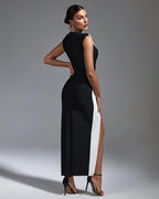 Black White Geometric Slit Midi Dress H6023