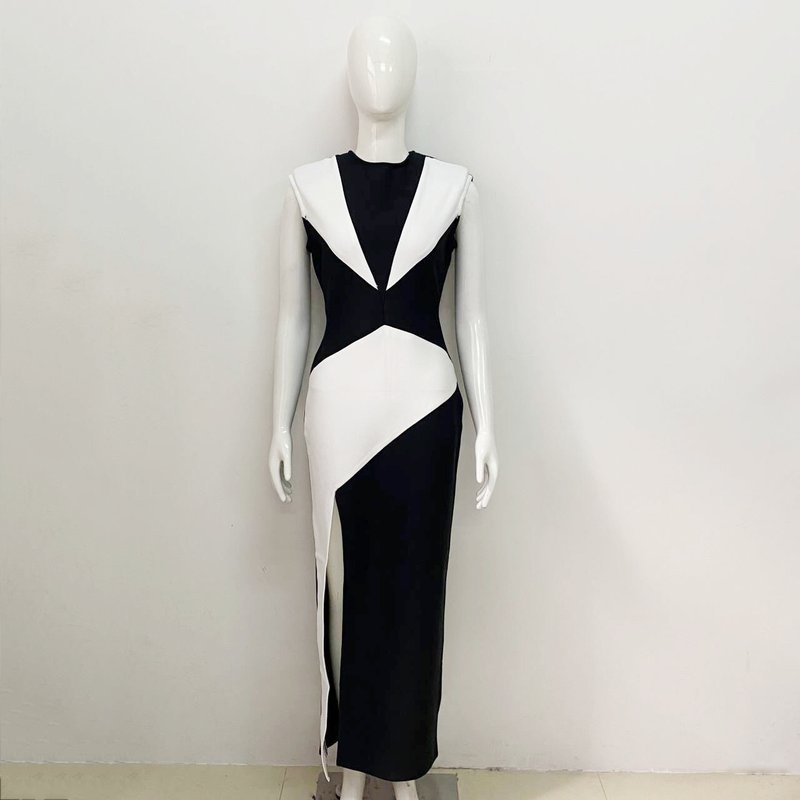 Black White Geometric Slit Midi Dress H6023