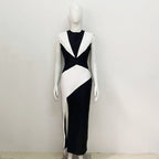 Black White Geometric Slit Midi Dress H6023