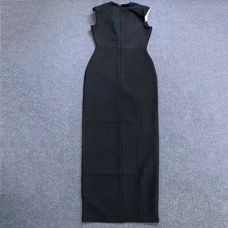 Black White Geometric Slit Midi Dress H6023
